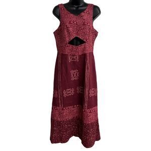 SMUDJ Linen Dress Womens L Red Tribal Sleeveless Cutout Midi Boho New H9